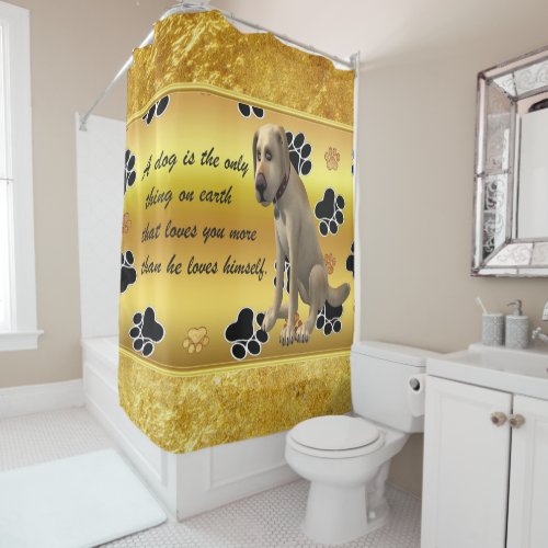 Adorable dog sitting with a cute fun quote shower curtain