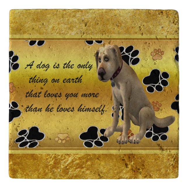 Adorable dog sitting with a cute fun quote trivet (Front)