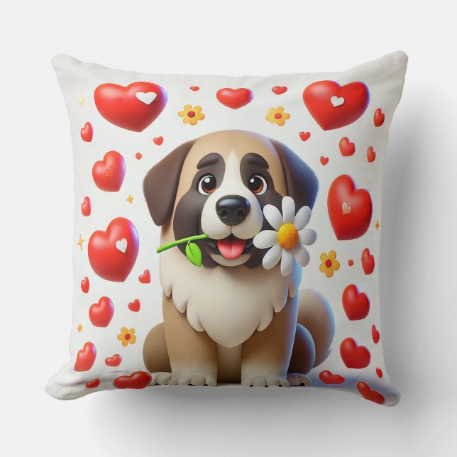 Adorable Dog Surrounded by Hearts Throw Pillow (Front)