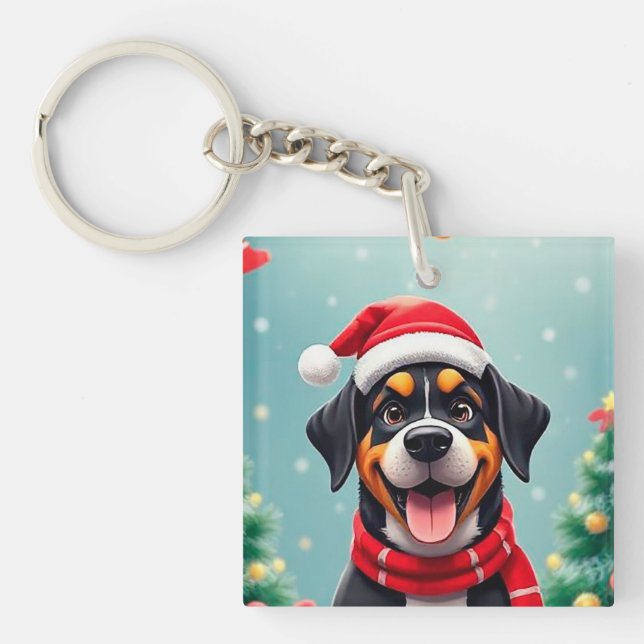 Adorable Dog Wearing Santa Hat Keychain (Front)
