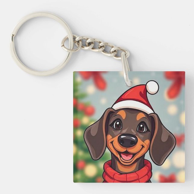 Adorable Dog Wearing Santa Hat Keychain (Front)