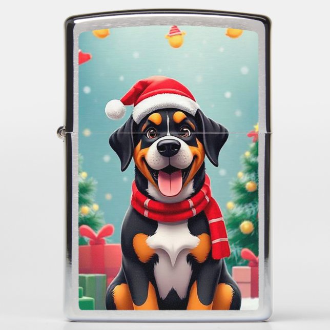 Adorable Dog Wearing Santa Hat Zippo Lighter (Front)