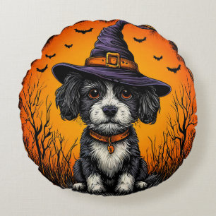 Adorable Dog Wearing Witch Hat Round Pillow
