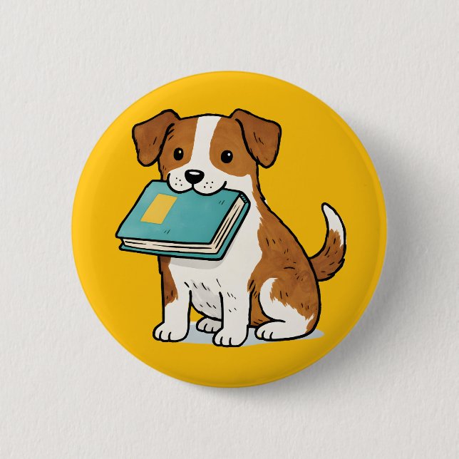 Adorable Dog with Book Button (Front)