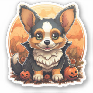 Adorable Dog With Pumpkins Cartoon Halloween Corgi Sticker