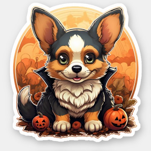 Adorable Dog With Pumpkins Cartoon Halloween Corgi Sticker