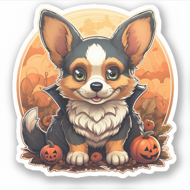 Adorable Dog With Pumpkins Cartoon Halloween Corgi Sticker (Front)