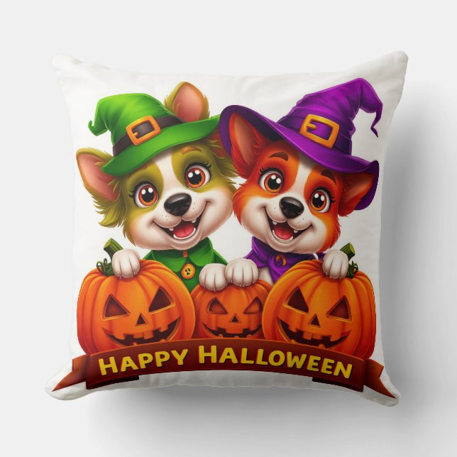 Adorable Dogs in Halloween Costumes Throw Pillow (Front)