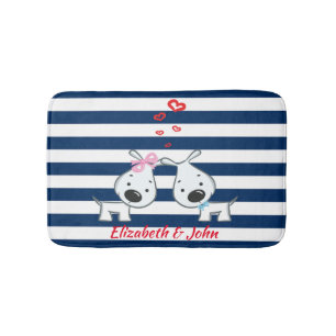 Adorable Dogs In Love on Striped-Personalized Bathroom Mat