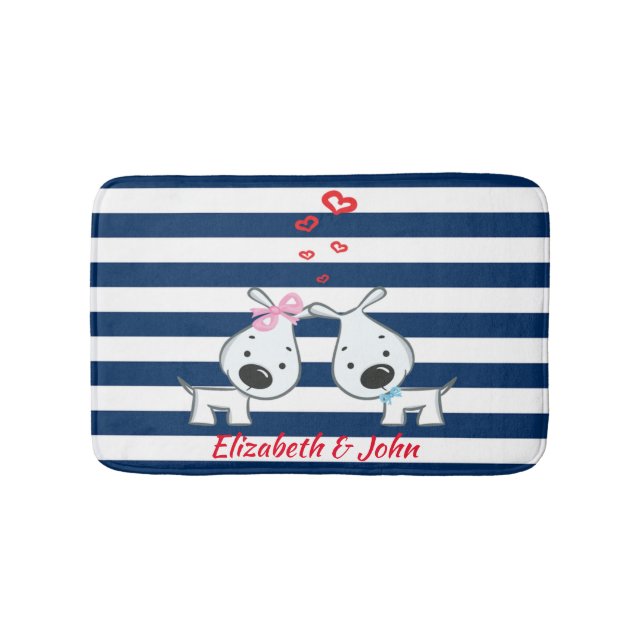 Adorable Dogs In Love on Striped-Personalized Bathroom Mat (Front)