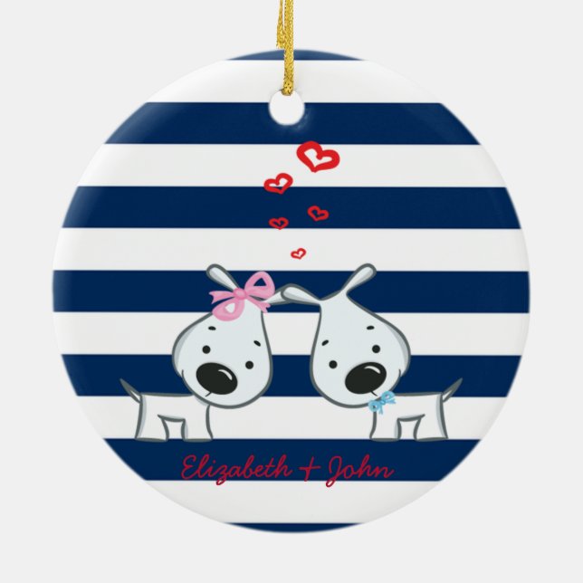Adorable Dogs In Love on Striped-Personalized Ceramic Ornament (Back)