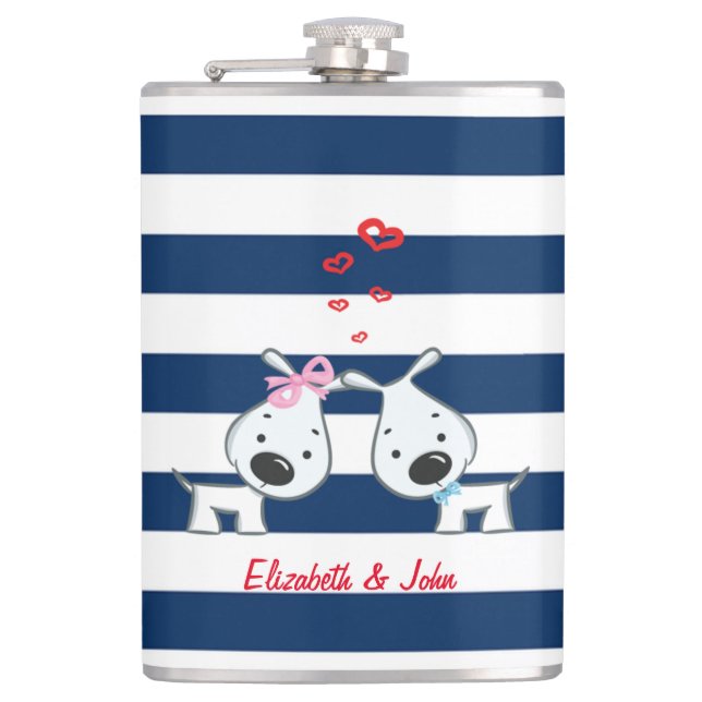 Adorable Dogs In Love on Striped-Personalized Flask (Front)