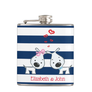 Adorable Dogs In Love on Striped-Personalized Hip Flask