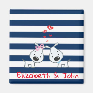 Adorable Dogs In Love on Striped-Personalized Magnet