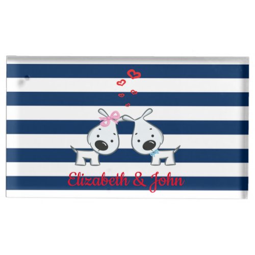 Adorable Dogs In Love on Striped_Personalized Table Card Holder