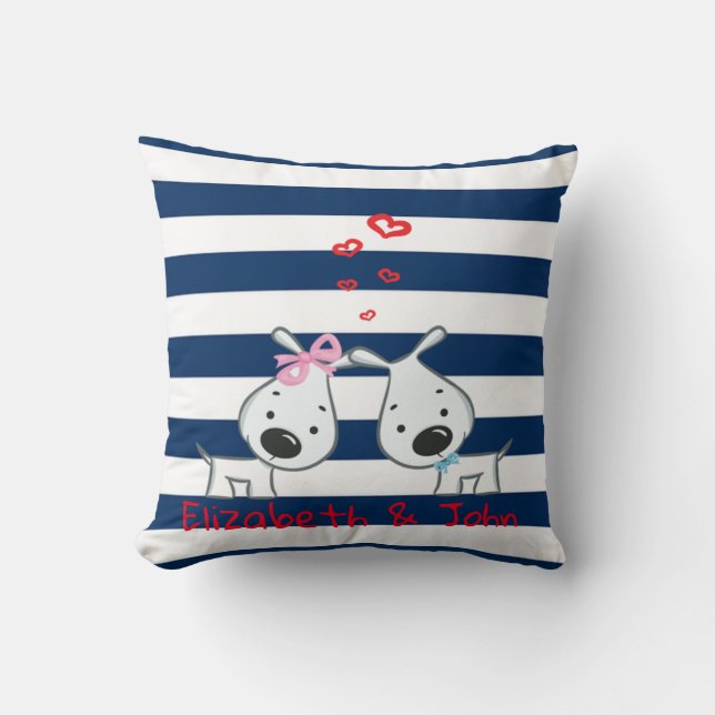 Adorable Dogs In Love on Striped-Personalized Throw Pillow (Front)