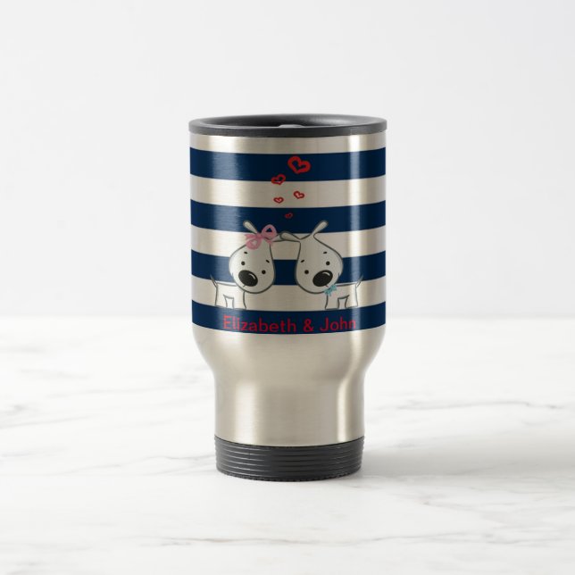 Adorable Dogs In Love on Striped-Personalized Travel Mug (Center)