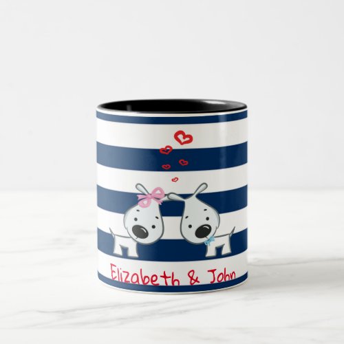 Adorable Dogs In Love on Striped_Personalized Two_Tone Coffee Mug