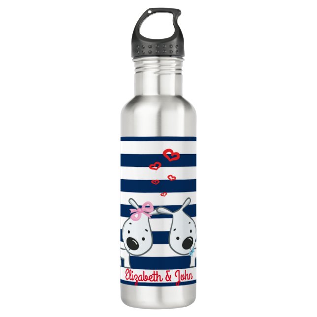 Adorable Dogs In Love on Striped-Personalized Water Bottle (Front)