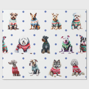 Adorable Dogs in Ugly Christmas Sweaters on White Wrapping Paper