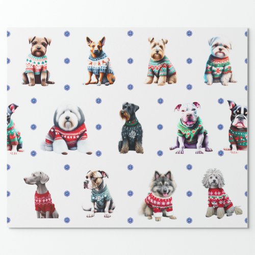 Adorable Dogs in Ugly Christmas Sweaters on White Wrapping Paper