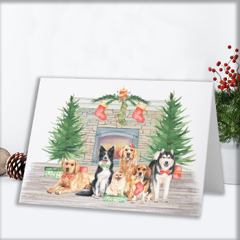 Adorable Dogs Pet Dog Lover Christmas Fireplace Holiday Card by BlackDogArtJudy at Zazzle