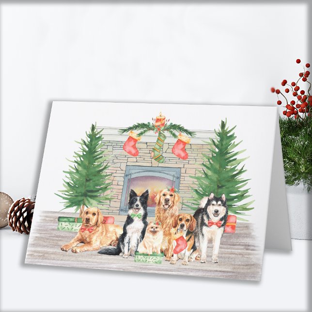 Adorable Dogs Pet Dog Lover Christmas Fireplace Holiday Card (Creator Uploaded)