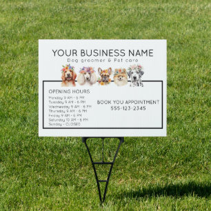 Adorable dogs with flower crown opening hours sign