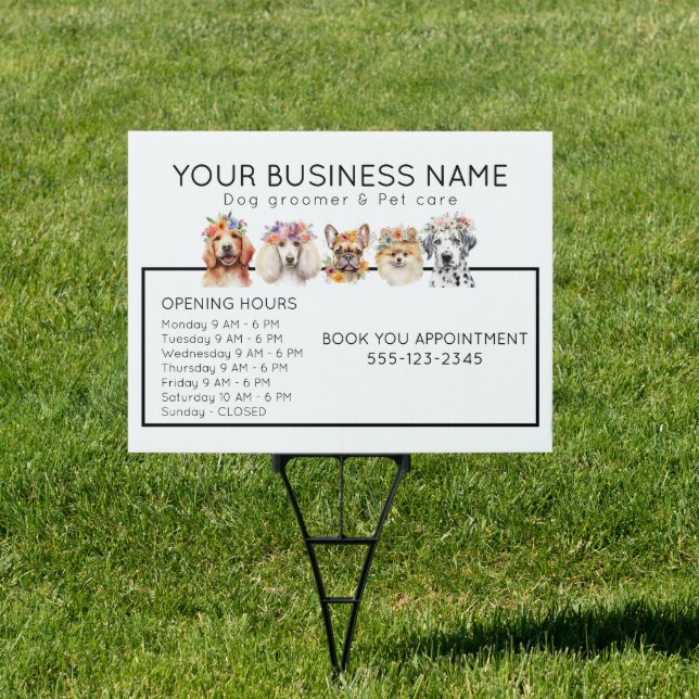 Adorable dogs with flower crown opening hours sign (Insitu)
