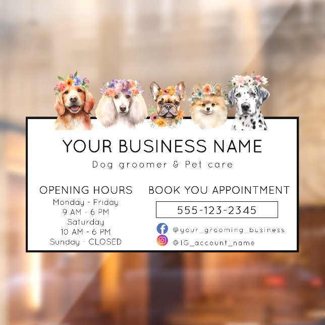 Adorable dogs with flower crown opening hours window cling (Sheet 2)