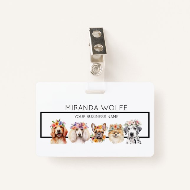 Adorable dogs with flower crown, watercolor Name Badge (Front with Clip)