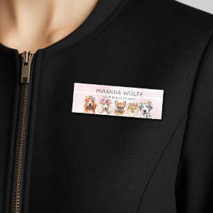 Adorable dogs with flower crown, watercolor name tag