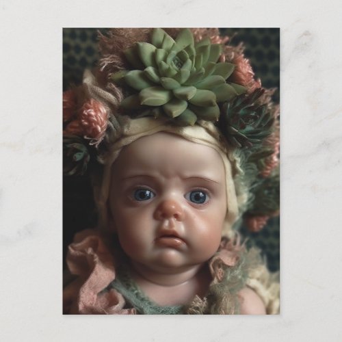 Adorable Doll Head in the Succulent Garden Postcard