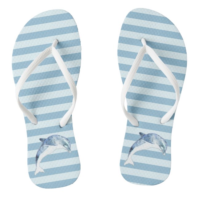 Adorable Dolphin On Light Blue  Stripes Flip Flops (Footbed)