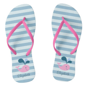 Adorable Dolphins ,Light Blue Stripes-Personalized Flip Flops