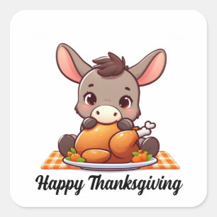 Adorable Donkey Eats Thanksgiving Turkey Square Sticker