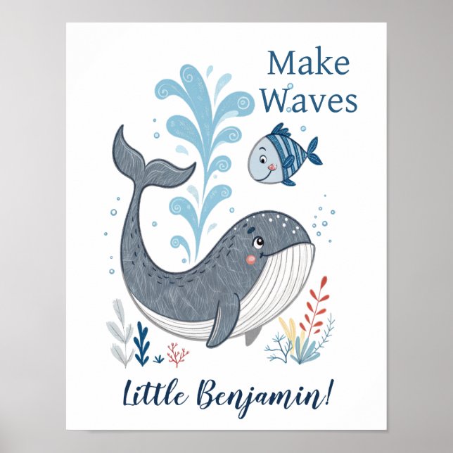 Adorable Doodle Whale Nursery Wall Art Poster (Front)