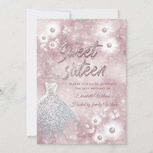 Adorable dress bokeh pearl floral sweet sixteen invitation