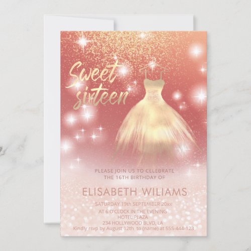 Adorable dress charming rose gold glittery ombre invitation