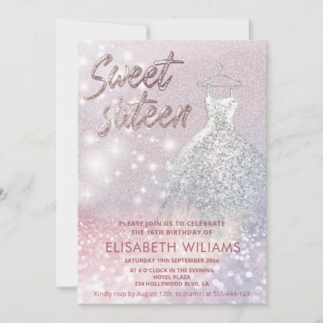 Adorable dress charming sparkling glittery ombre invitation (Front)