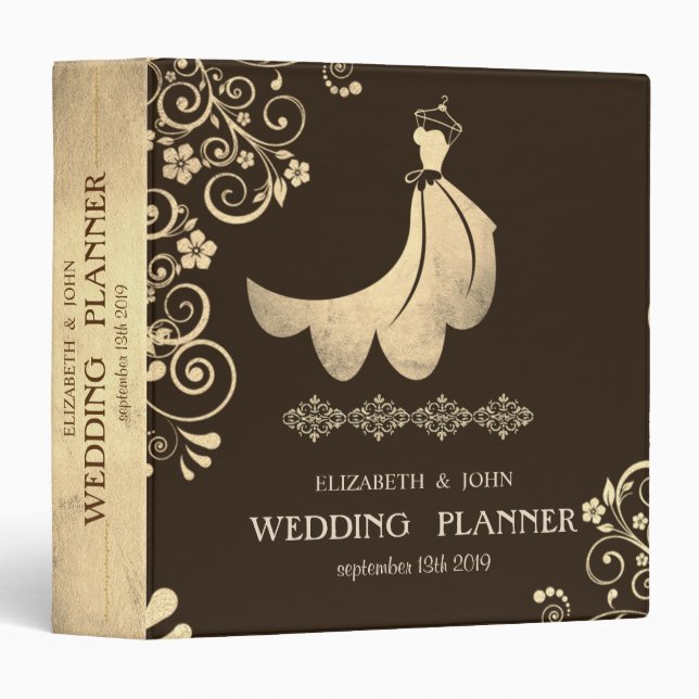 Adorable Dress, Gold Flowers Bridal Planner 3 Ring Binder (Front/Spine)