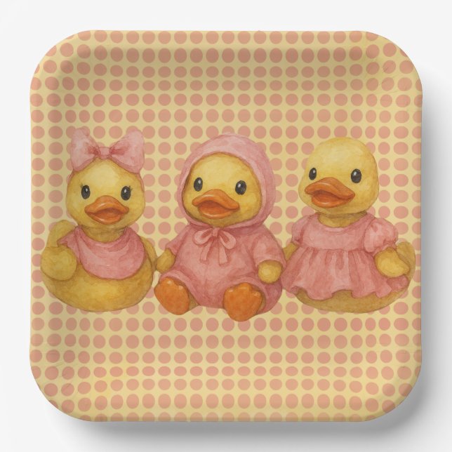 Adorable Duck Trio In Pink Outfits Paper Plates (Front)
