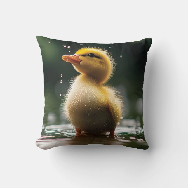 "Adorable Duckling in the Rain  Throw Pillow (Front)