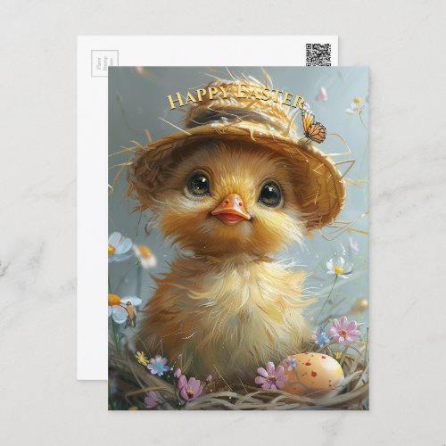 Adorable Duckling Straw Hat Easter Egg Flowers Postcard
