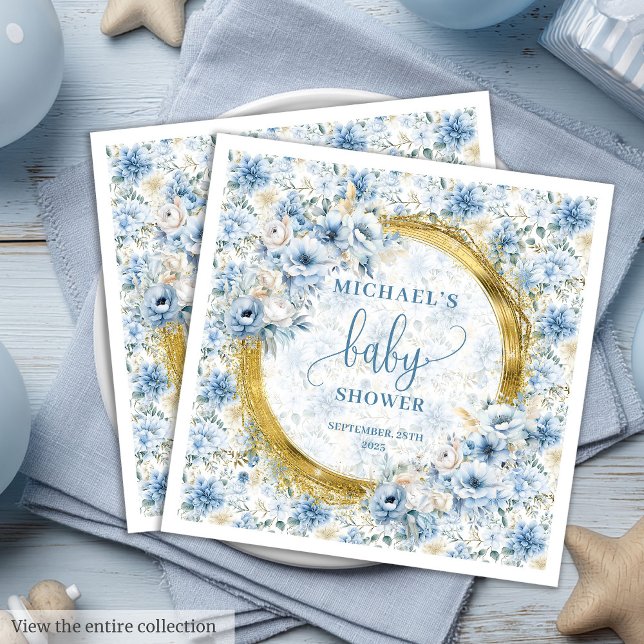 Adorable dusty blue flowers gold boy baby shower  paper dinner napkins (Adorable dusty blue flowers gold boy baby shower Paper Dinner Napkins)