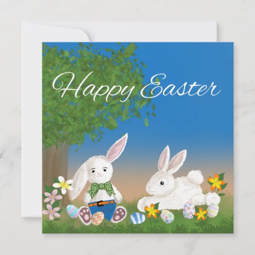 Adorable Easter Bunnies Playing with Easter Eggs Holiday Card