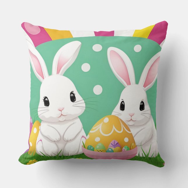 Adorable Easter Bunnies with Decorative Eggs Throw Pillow (Front)