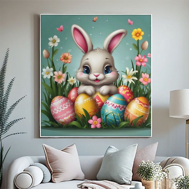 Adorable Easter Bunny Colorful Eggs Spring Flower  Poster (Creator Uploaded)