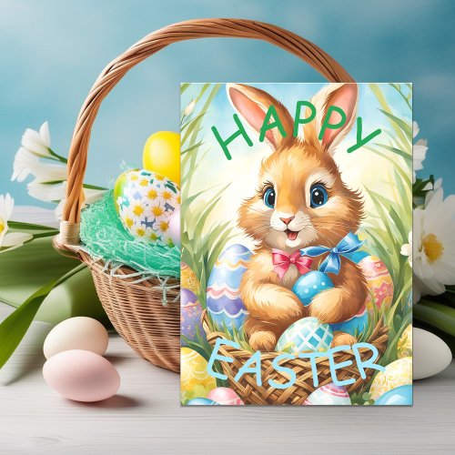 Adorable Easter Bunny in Basket with Eggs Holiday Card