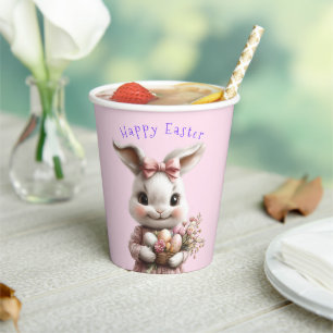 Adorable Easter Bunny Pink Bow Colored Eggs Paper Cups